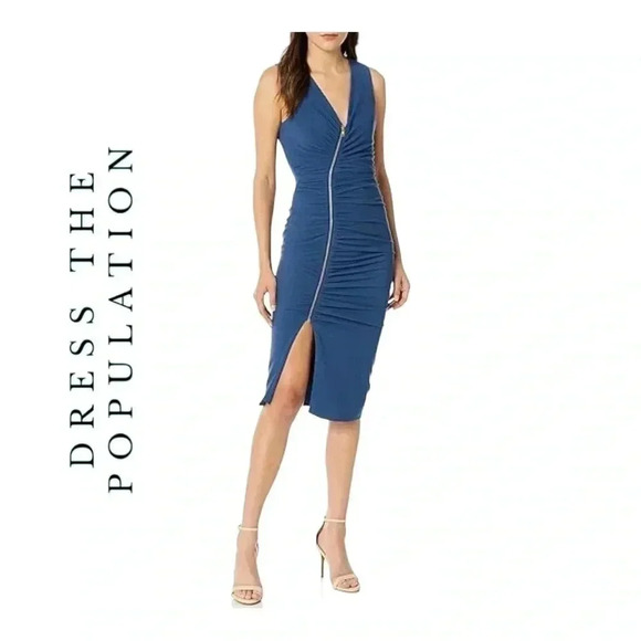 1382.‎ DRESS THE POPULATION IVY MIDI DRESS SIZE XXSMALL DUSTY NAVY BLUE IN COLOR - Picture 1 of 10